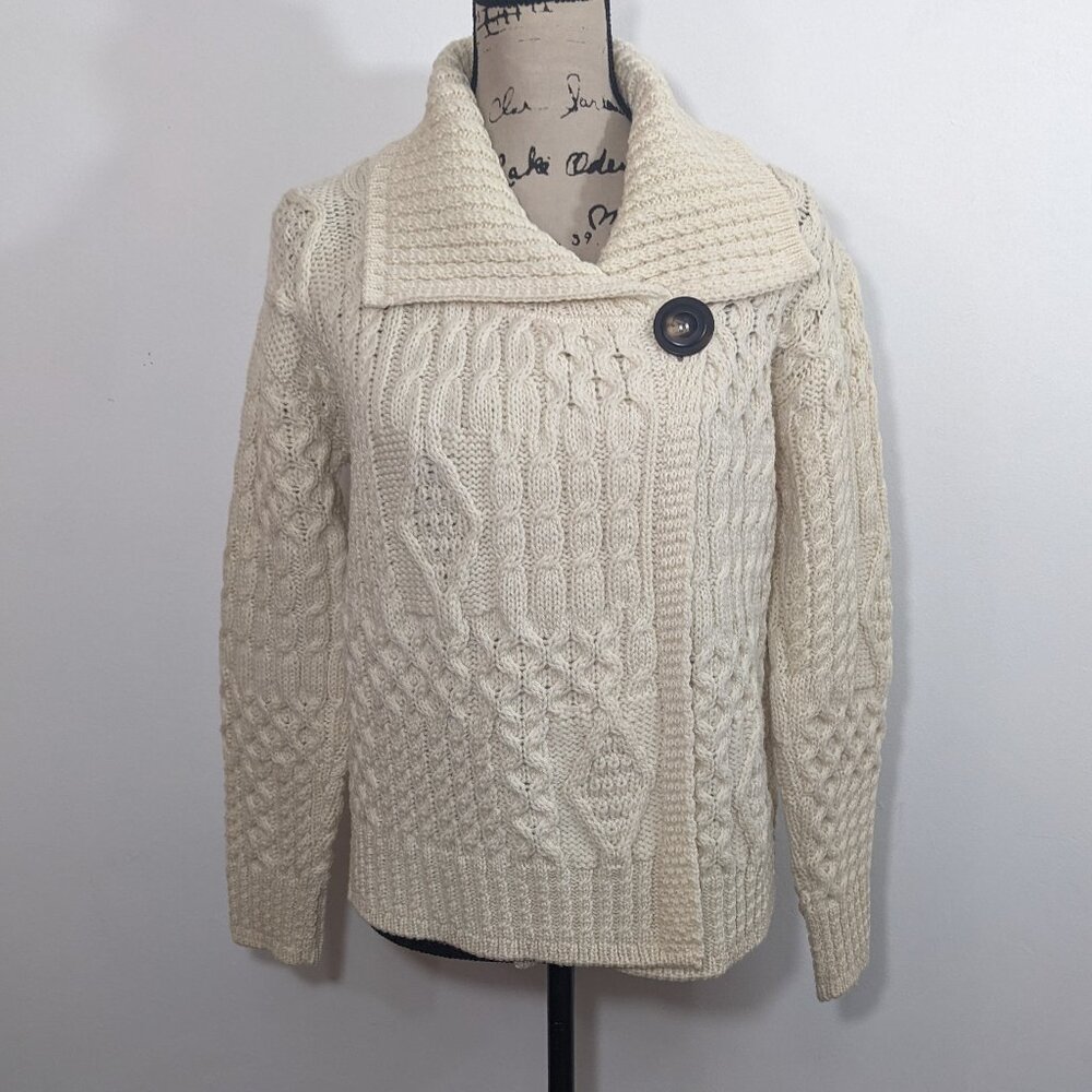 Aran Crafts Women's S Merino Wool Wrap Button Shawl Cable Knit Cardigan Sweater